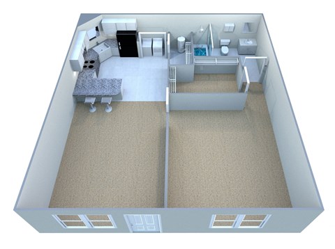 A 3D image of a house layout with two bedrooms, a living room, a kitchen, and a bathroom.